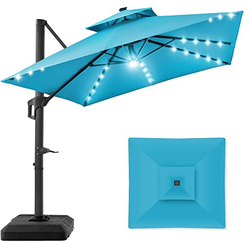 Best Choice Products 10x10ft 2-Tier Square Cantilever Patio Umbrella with Solar LED Lights, Offset Hanging Outdoor Sun Shade for Backyard w/Included Fillable Base, 360 Rotation - Sky Blue