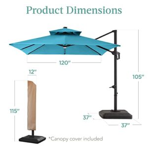 Best Choice Products 10x10ft 2-Tier Square Cantilever Patio Umbrella with Solar LED Lights, Offset Hanging Outdoor Sun Shade for Backyard w/Included Fillable Base, 360 Rotation - Sky Blue