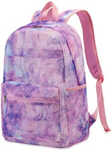 camtop mesh backpack for kids girls semi-transparent see through sturdy school bookbag casual daypack for beach swim work gym (tie dye pink)