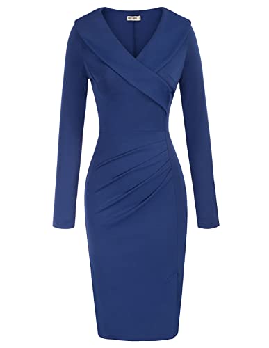 GRACE KARIN Women's Business Pencil Dress Office Long Sleeve Cocktail Dress Wedding Guest Blue S