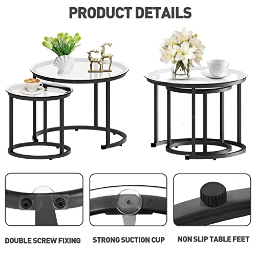 aboxoo Black Nesting Coffee Glass Table Set of 2, Metal Freme Side End Tables for Living Room Bedroom for Apartment Small Place Modern Industrial Simple, 23.6D x 23.6W x 17.7H in