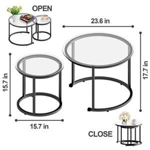 aboxoo Black Nesting Coffee Glass Table Set of 2, Metal Freme Side End Tables for Living Room Bedroom for Apartment Small Place Modern Industrial Simple, 23.6D x 23.6W x 17.7H in