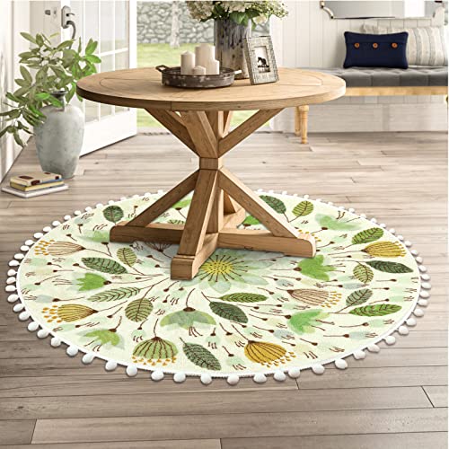 Uphome Round Throw Rugs for Bedroom 4' Circle Cute Area Rug with Pom Poms Fringe Floral Plant Washable Non-Slip Soft Floor Mats for Entryway Laundry Living/ Kids Room Nursery, Green