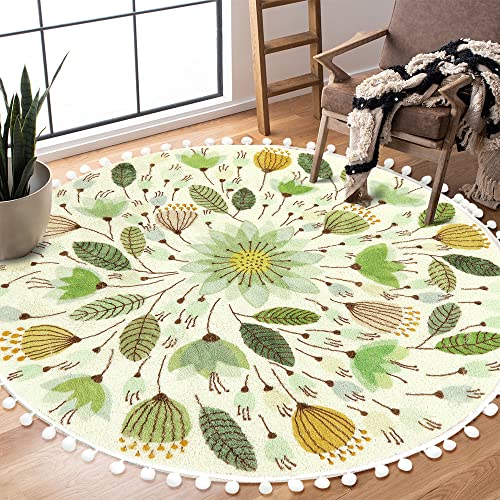 Uphome Round Throw Rugs for Bedroom 4' Circle Cute Area Rug with Pom Poms Fringe Floral Plant Washable Non-Slip Soft Floor Mats for Entryway Laundry Living/ Kids Room Nursery, Green