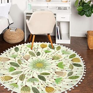 Uphome Round Throw Rugs for Bedroom 4' Circle Cute Area Rug with Pom Poms Fringe Floral Plant Washable Non-Slip Soft Floor Mats for Entryway Laundry Living/ Kids Room Nursery, Green