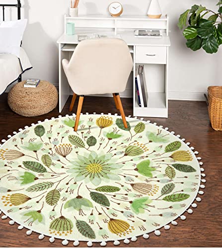 Uphome Round Throw Rugs for Bedroom 4' Circle Cute Area Rug with Pom Poms Fringe Floral Plant Washable Non-Slip Soft Floor Mats for Entryway Laundry Living/ Kids Room Nursery, Green