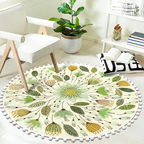 Uphome Round Throw Rugs for Bedroom 4' Circle Cute Area Rug with Pom Poms Fringe Floral Plant Washable Non-Slip Soft Floor Mats for Entryway Laundry Living/ Kids Room Nursery, Green