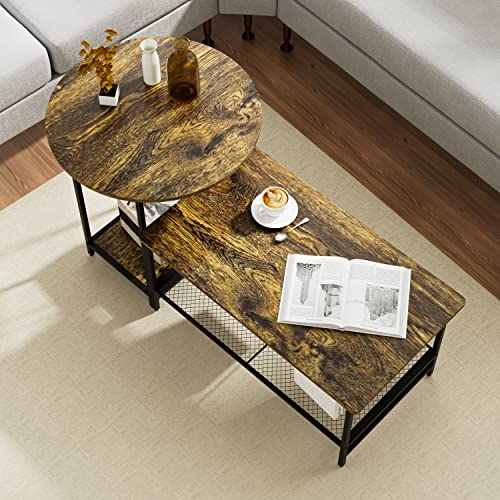 Wolawu Coffee Table Rustic Brown Set of 2 Large Round and Long Rectangle 2 Tiers Wood Storage Shelf Detachable Living Room Rustic Brown