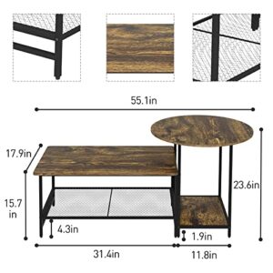 Wolawu Coffee Table Rustic Brown Set of 2 Large Round and Long Rectangle 2 Tiers Wood Storage Shelf Detachable Living Room Rustic Brown