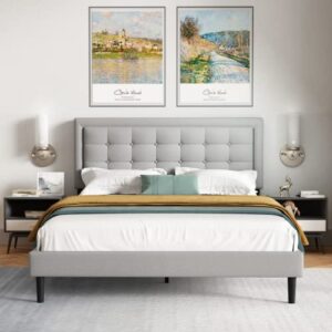 unizone queen upholstered bed frame with headboard, tufted platform bed with button headboard, wood slats support, mattress foundation, no box spring needed, easy assembly, modern, linen, light gray