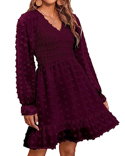 BTFBM Women Long Sleeve V Neck Smocked Short Dress Flowy Casual SwissDot Ruffle Mini Babydoll Summer Fall Dresses 2023(Solid Wine Red, Large)