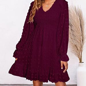 BTFBM Women Long Sleeve V Neck Smocked Short Dress Flowy Casual SwissDot Ruffle Mini Babydoll Summer Fall Dresses 2023(Solid Wine Red, Large)