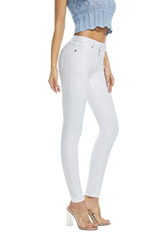 FLYING BANANA Women's White Mid Rise Comfy Stretch Denim Skinny Jeans (White, 14)