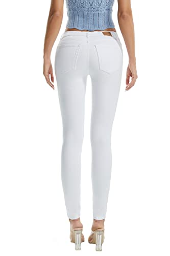 FLYING BANANA Women's White Mid Rise Comfy Stretch Denim Skinny Jeans (White, 14)