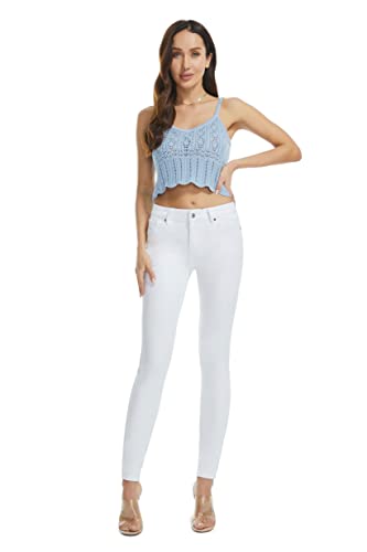 FLYING BANANA Women's White Mid Rise Comfy Stretch Denim Skinny Jeans (White, 14)