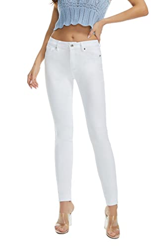 FLYING BANANA Women's White Mid Rise Comfy Stretch Denim Skinny Jeans (White, 14)