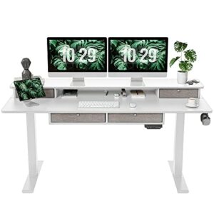 fezibo sturdy height adjustable electric standing desk with drawers, 63 x 24 inch stand up table with large storage shelf, sit stand desk, white top