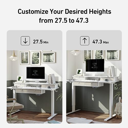 FEZIBO Sturdy Height Adjustable Electric Standing Desk with Drawers, 63 x 24 Inch Stand Up Table with Large Storage Shelf, Sit Stand Desk, White Top