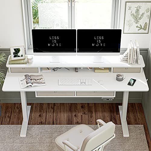 FEZIBO Sturdy Height Adjustable Electric Standing Desk with Drawers, 63 x 24 Inch Stand Up Table with Large Storage Shelf, Sit Stand Desk, White Top