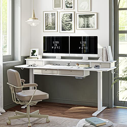 FEZIBO Sturdy Height Adjustable Electric Standing Desk with Drawers, 63 x 24 Inch Stand Up Table with Large Storage Shelf, Sit Stand Desk, White Top