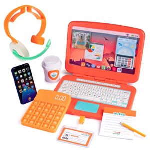 born toys toddler pretend play office set - 9 pcs kids pretend play work from home office includes kids laptop, toy phone w/led lights & sounds, calculator pop it & headset for ages 3-7