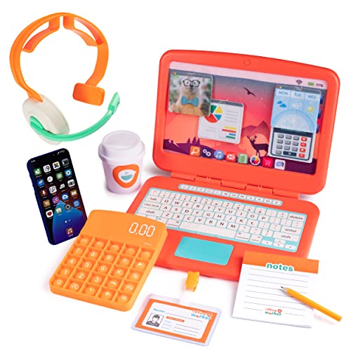 Born Toys Toddler Pretend Play Office Set - 9 pcs Kids Pretend Play Work from Home Office Includes Kids Laptop, Toy Phone w/LED Lights & Sounds, Calculator Pop It & Headset for Ages 3-7