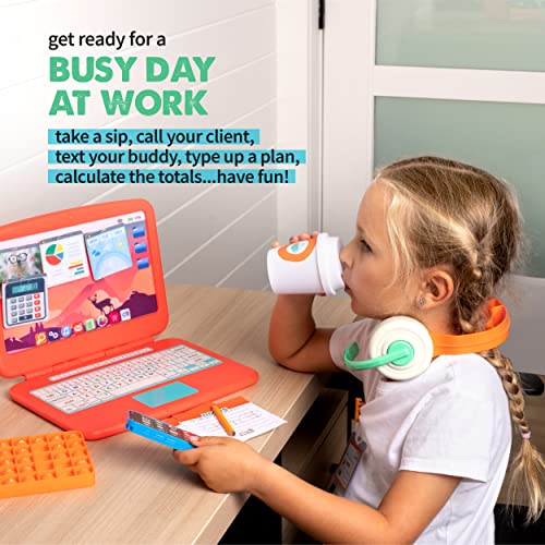 Born Toys Toddler Pretend Play Office Set - 9 pcs Kids Pretend Play Work from Home Office Includes Kids Laptop, Toy Phone w/LED Lights & Sounds, Calculator Pop It & Headset for Ages 3-7