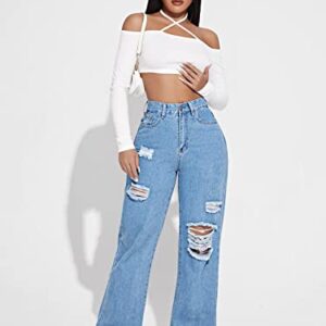 SweatyRocks Women's High Waisted Ripped Boyfriend Jeans Distressed Denim Pants with Pockets Light Wash S