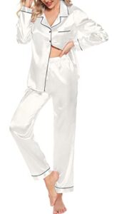 women's silk satin pajama button down long sleeve and pants set sleepwear loungewear white xxl