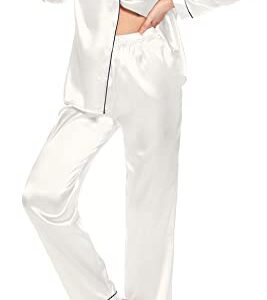 Women's Silk Satin Pajama Button Down Long Sleeve and Pants Set Sleepwear Loungewear White XXL