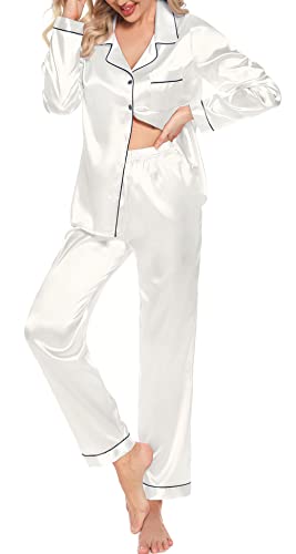 Women's Silk Satin Pajama Button Down Long Sleeve and Pants Set Sleepwear Loungewear White XXL