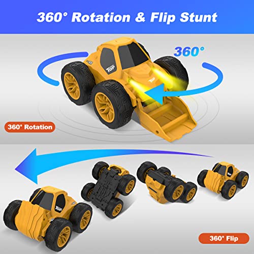 KATTUN Remote Control Car, 360° Flip and Rotation RC Bulldozer Toy, 2.4Ghz Stunt Car with Headlights, 2 Rechargeable Batteries, RC Construction Vehicles Toy Birthday Gift for Boys and Girls