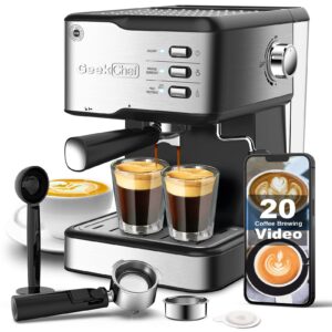 geek chef espresso machine coffee machine 20 bar pump cappuccino latte maker with ese pod capsules filter&milk frother steam wand, 1.5l water tank, for home barista, stainless steel 950w