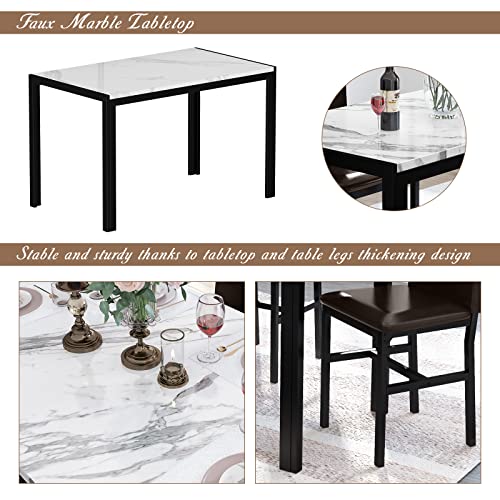DKLGG Marble Dining Table Set for 4, 5-Piece Faux Marble Kitchen Table and Chairs for 4, Space Saving Dining Room Table Set w/4 Upholstered PU Leather Chairs, Ideal for Dining Room, Kitchen, Corner