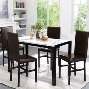 DKLGG Marble Dining Table Set for 4, 5-Piece Faux Marble Kitchen Table and Chairs for 4, Space Saving Dining Room Table Set w/4 Upholstered PU Leather Chairs, Ideal for Dining Room, Kitchen, Corner