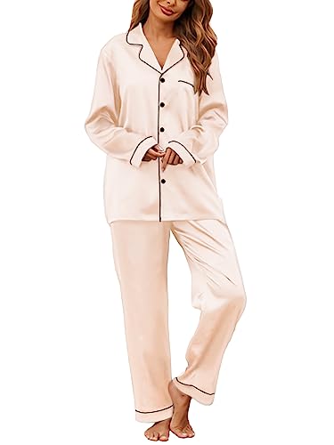 IFFEI 2 Pieces Silk Satin Womens Pajamas Set Button-Down Long Sleeve Girls Pajamas M Champagne