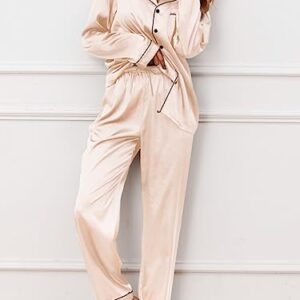 IFFEI 2 Pieces Silk Satin Womens Pajamas Set Button-Down Long Sleeve Girls Pajamas M Champagne