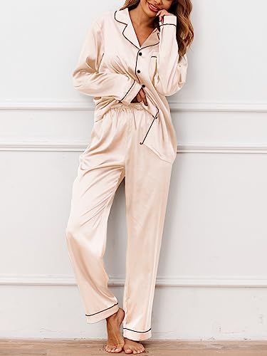 IFFEI 2 Pieces Silk Satin Womens Pajamas Set Button-Down Long Sleeve Girls Pajamas M Champagne