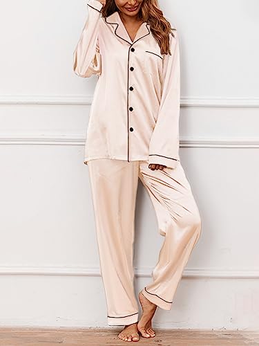 IFFEI 2 Pieces Silk Satin Womens Pajamas Set Button-Down Long Sleeve Girls Pajamas M Champagne