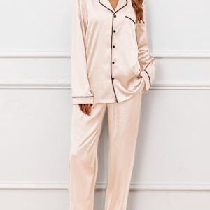 IFFEI 2 Pieces Silk Satin Womens Pajamas Set Button-Down Long Sleeve Girls Pajamas M Champagne