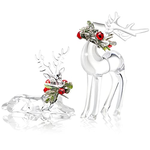 Queekay 2 Pcs Acrylic Christmas Reindeer Ornaments Clear Deer Figurine and Reindeer Table Top Decorations Holiday Table Centerpiece（Pretty Style）