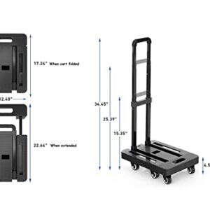 Mount Plus A3 Folding Hand Truck, 6 Wheels Fold Up Hand Cart with 2 Elastic Ropes, Portable 500lbs Capacity Heavy Duty Luggage Cart, Utility Dolly Platform Cart for Car, House and Office