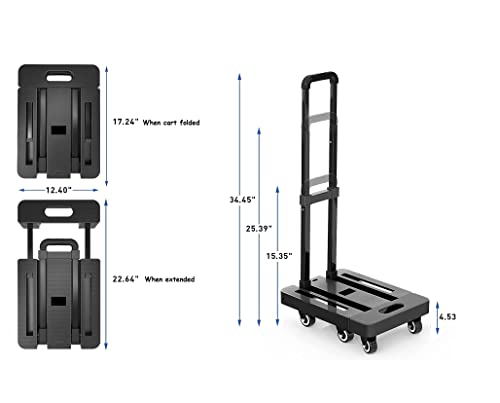 Mount Plus A3 Folding Hand Truck, 6 Wheels Fold Up Hand Cart with 2 Elastic Ropes, Portable 500lbs Capacity Heavy Duty Luggage Cart, Utility Dolly Platform Cart for Car, House and Office