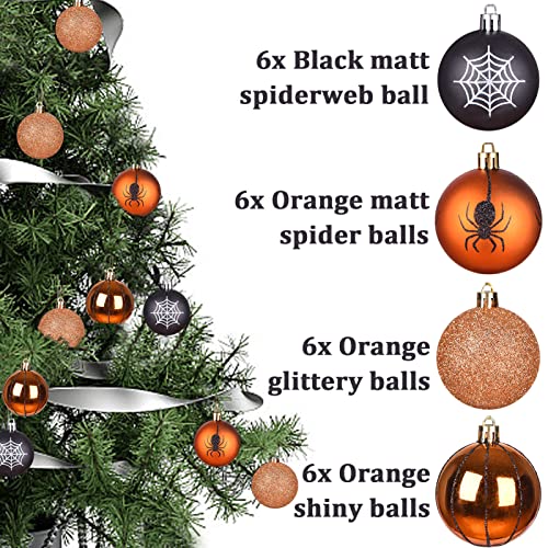 Tngan 24 Pcs Halloween Ball Ornaments Shatterproof, 60mm Decorative Hanging Assorted Ornaments for Tree Decor, 4 Style Halloween Tree Accessories Christmas Ornaments for Xmas Party Decoration