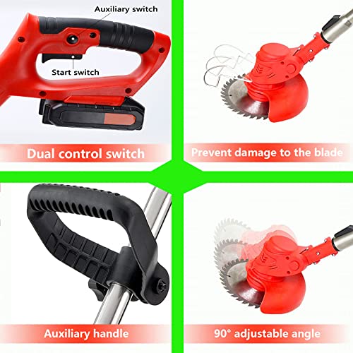 Weed Wacker Cordless Grass Trimmer Electric Weed 90~120cm Retractable, 3 Kinds of Adjustable Blades, 24v Electric Cordless Garden Trimmer with Battery and Charger for Garden (RED)