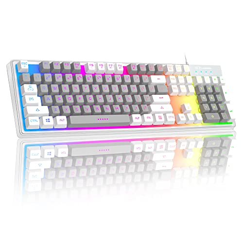 MageGee Gaming Keyboard, Rainbow Backlit LED Wired Gaming Keyboard with Clear Housing and Double-Shot Keycaps, K1 Waterproof Ergonomic 104 Keys Light Up Keyboard for PC Desktop Laptop, White & Gray