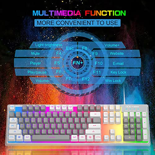 MageGee Gaming Keyboard, Rainbow Backlit LED Wired Gaming Keyboard with Clear Housing and Double-Shot Keycaps, K1 Waterproof Ergonomic 104 Keys Light Up Keyboard for PC Desktop Laptop, White & Gray