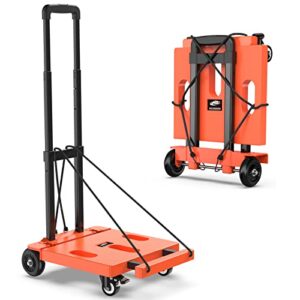 spacekeeper foldable hand truck dolly, 265 lb folding luggage cart with wheels, portable flatbed cart collapsible hand truck for luggage, travel, moving, shopping, office use, orange
