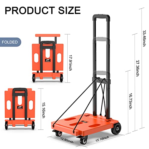 SPACEKEEPER Foldable Hand Truck Dolly, 265 LB Folding Luggage Cart with Wheels, Portable Flatbed Cart Collapsible Hand Truck for Luggage, Travel, Moving, Shopping, Office Use, Orange