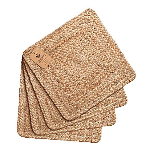 UniQloth Jute Braided Placemats Set of 4 Reversible, 100% Jute, Nonslip 14x14 Square Farmhouse Vintage Jute Placemats for Dining Table, Perfect for Indoor Outdoor, Natural